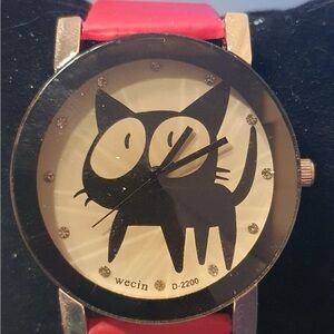 🦋 Wecin Goltone/Red Leather Black Cat Women's Watch